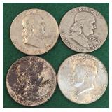4 Silver Half Dollars 1953 - 1964