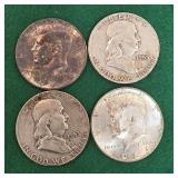 4 Silver Half Dollars 1953-1964