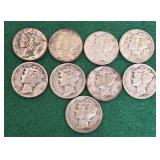 9 silver Mercury dimes