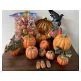 Group of different size pumpkins (and a feathered