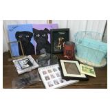 Dog paintings, picture frames, mirror, basket etc
