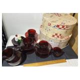Ruby Red Anchor Hocking Cups/Saucers. Pitcher.