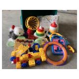 Lot of toys and misc items in tote - tote