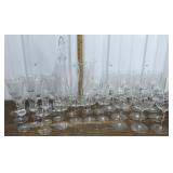Etched glass- pitcher, decanter, glasses
