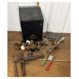 Metal box w/ tools, door knobs, beaters etc