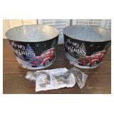 2 galvanized Merry Christmas red truck buckets