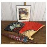 Asian print, fans, parasol