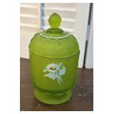 Green satin glass covered candy dish