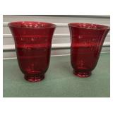 2 Longaberger Red Etched Glass Hurricane Vases