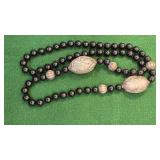 Black onyx/silver Chinese dragons beaded necklace