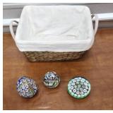 3 paperweights in Wicker basket