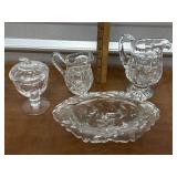 Cut  glass pitchers, condiment dish, and candy
