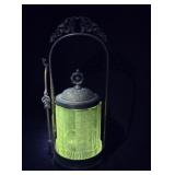 Glows green Victorian pickle caster with tongs