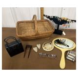 Basket, dresser mirror, trinket box, shoe clips,