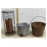 Galvanized Buckets & Bird Feeder