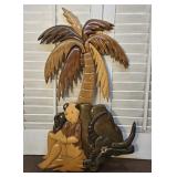 Hand Carved Wood plaque bull & Boy reading