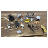 Mini figures, sad iron, whistle, counter etc