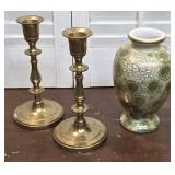 Pr brass candlesticks and green / gold Japan vase