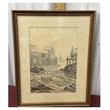 Roland signed Watercolor harbor cityscape