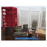 Kitchen sifters, egg beaters, wooden bowl, etc