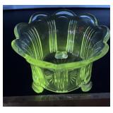 Footed glow green candy dish - chip on foot