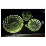 Glow green Fostoria glass 3 pieces.
