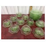 Green glass luncheon plates, cups and saucers