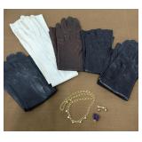 Vintage ladies leather gloves, necklace,
