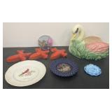 MCM swan planter, 3 cardinals, 2 plates,