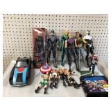 Toy lot, wrestlers, Super Hero figures, car, and