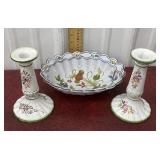 Hand painted bowl and candle stick holders, Italy