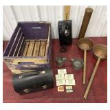 Crate, copper dippers and tube, tin lunch box,