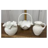 Fenton Hobnail vase, basket and pitcher