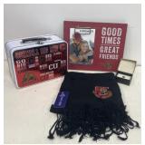 Cornell pin, lunchbox, scarf, and picture frame