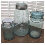 3 Blue canning jars - the Mason