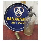 Schultz seltzer bottle, Ballantine tray and