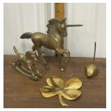 Brass? unicorn, rocking horse, mouse, 4 leaf