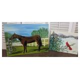 2 "Hade" folksy paintings - horse and cardinal