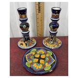 Mexican Talavera candle holders and a matching