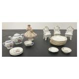 Butter pats, mini tea set, Dresden lady, etc...