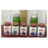 Dutch milk glass spice rack and green shakers