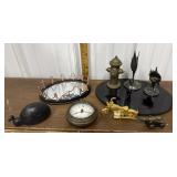 Clocks, doorstop, candle holders, mini cannon etc
