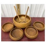 Teak wood serving bowl, utensils and bowls
