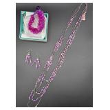 Long purple necklace / earrings & glass pink