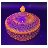 Glow glass Amberina hobnail covered candy dish