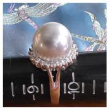 Pearlfection cultured Pearl CZ ring w/dragonfly