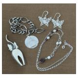 Sterling silver pin, necklace, earrings, charm w/