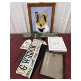 Dog painting, framed and signs