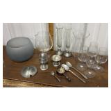 Blue satin glass bowl, etched glass, vases,