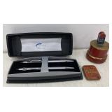 Stamp dispenser, Union mini tin, and Cross pen set
